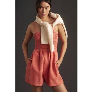NEW Anthropologie Smocked Romper in Coral Size XS